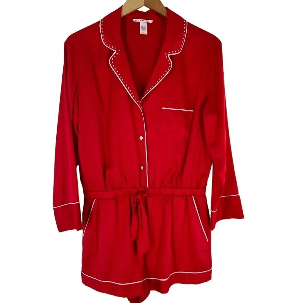 Victoria's Secret Red Satin Rhinestone Romper 1 Piece Pajamas Shorts Size Large